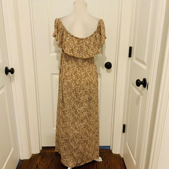 Old Navy Brown Tan Print Off Shoulder Smocked Waist Maxi Dress Large New - Picture 5 of 10